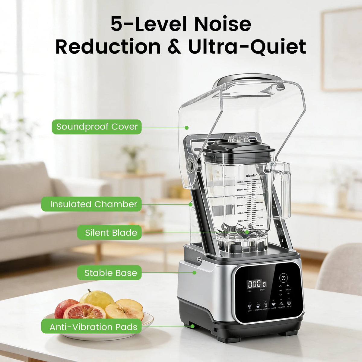 68oz commercial blender by S And B Enterprise with quiet shield, 6-in-1 countertop processor, silver/black