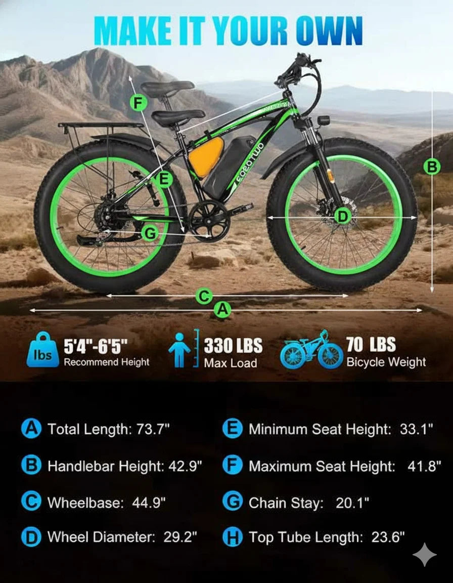 26-inch fat-tire electric bike with neon green rims and black frame