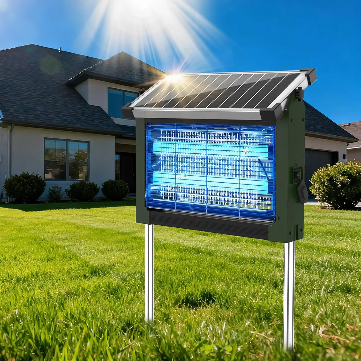 Green Solar Bug Zapper Outdoor on stand with 4500V grid, waterproof garden mosquito killer