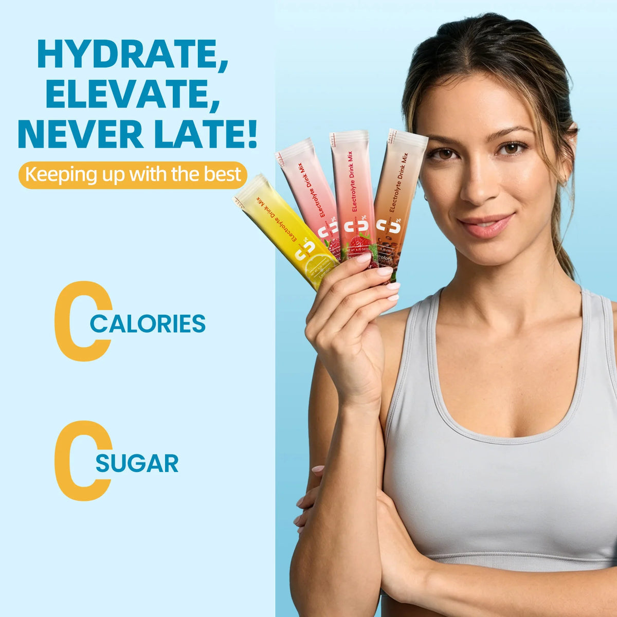 BBEEAAUU electrolyte drink mix sticks (4 flavors) held by a woman for rapid hydration