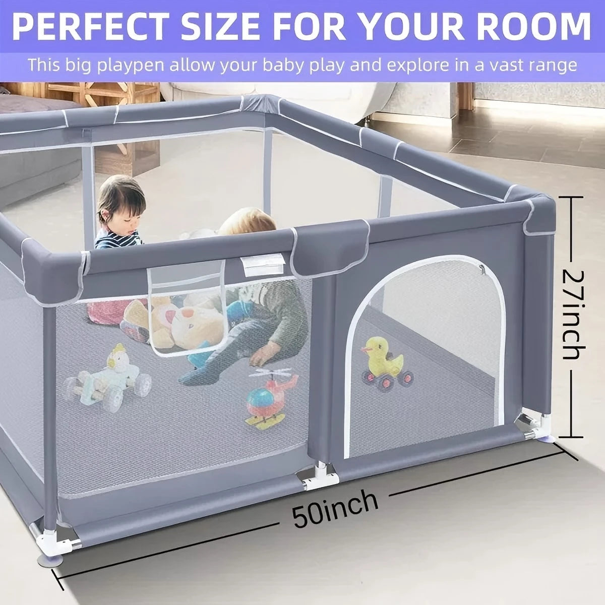 Baby playpen by S And B Enterprise, extra large gray indoor/outdoor play yard with mesh sides.