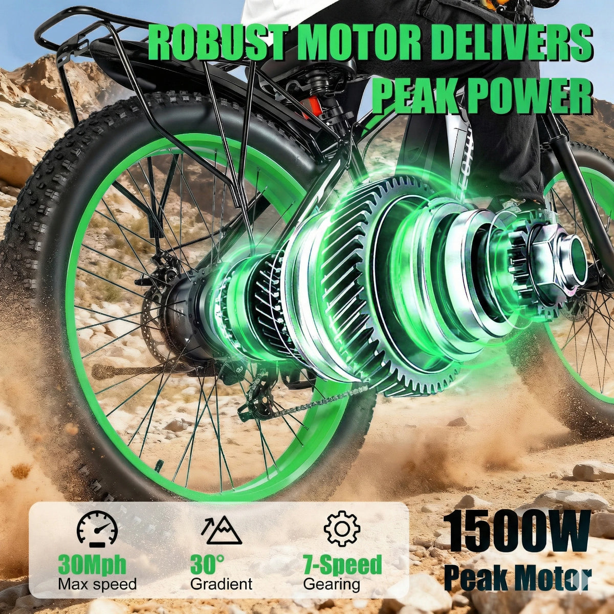 26-inch fat-tire electric bike for adults with green rims, 48V 20Ah battery, 1000W motor