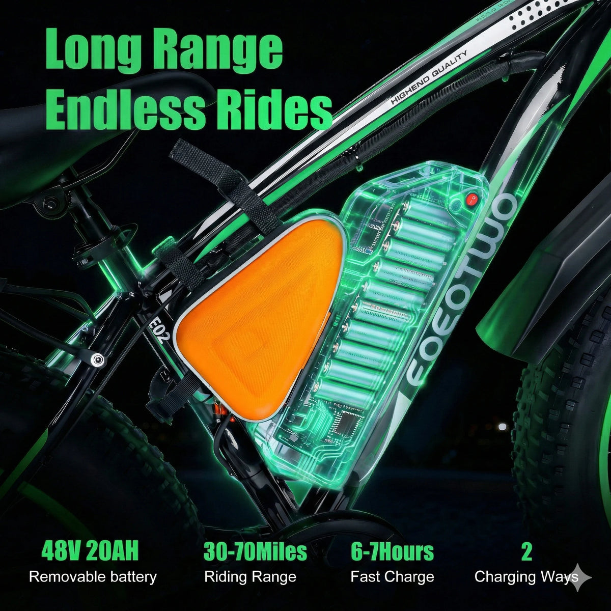 26-inch fat-tire electric bike with green/black frame, orange saddle, and removable 48V 20Ah battery