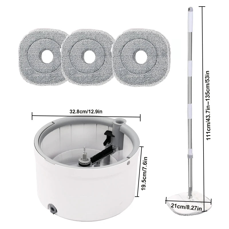 Round flat mop bucket set by S And B Enterprise with adjustable metal handle, self-wringing mop and three gray mop heads.