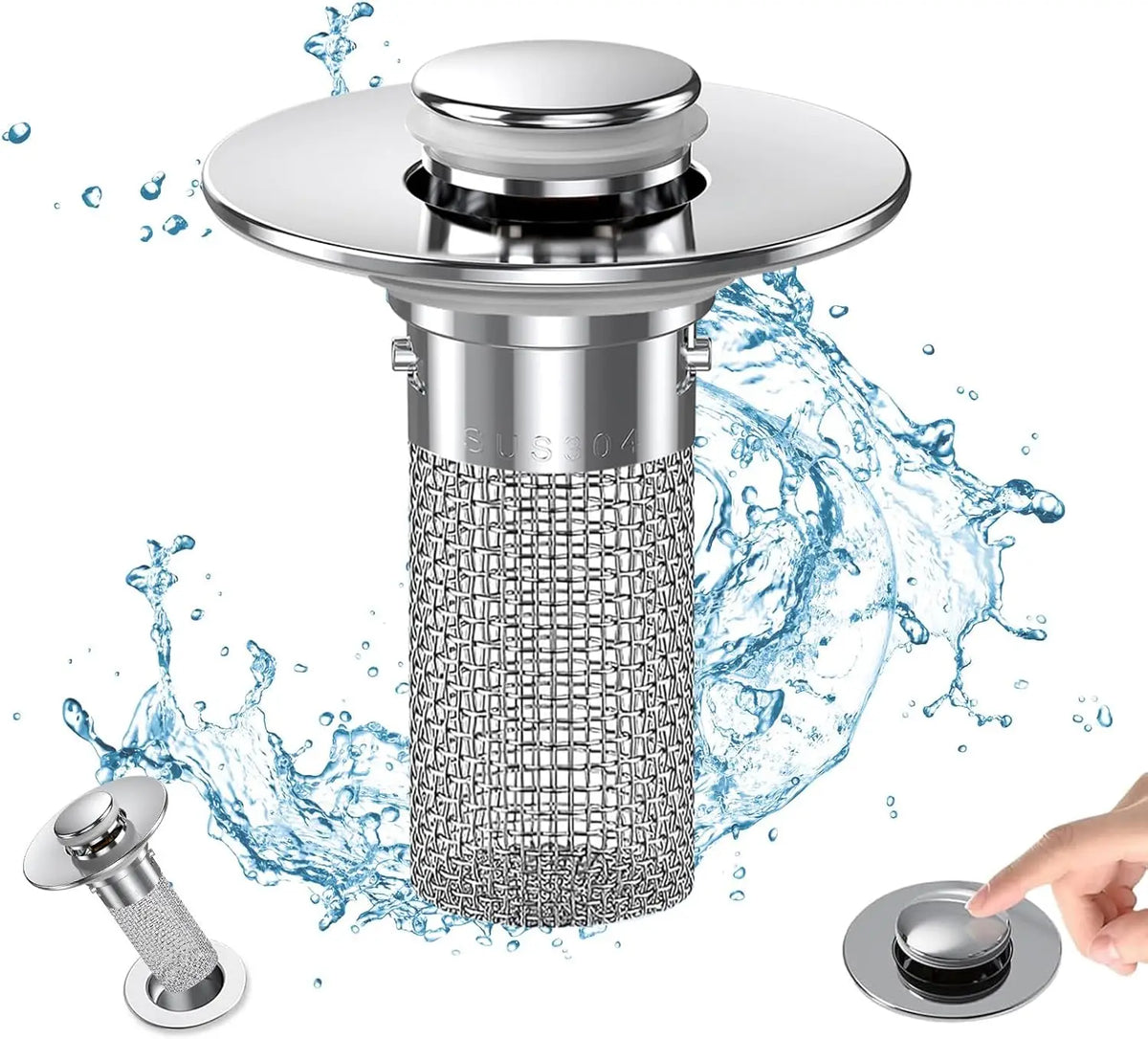 S And B stainless steel bathroom sink drain strainer with pop-up stopper and removable hair catcher.