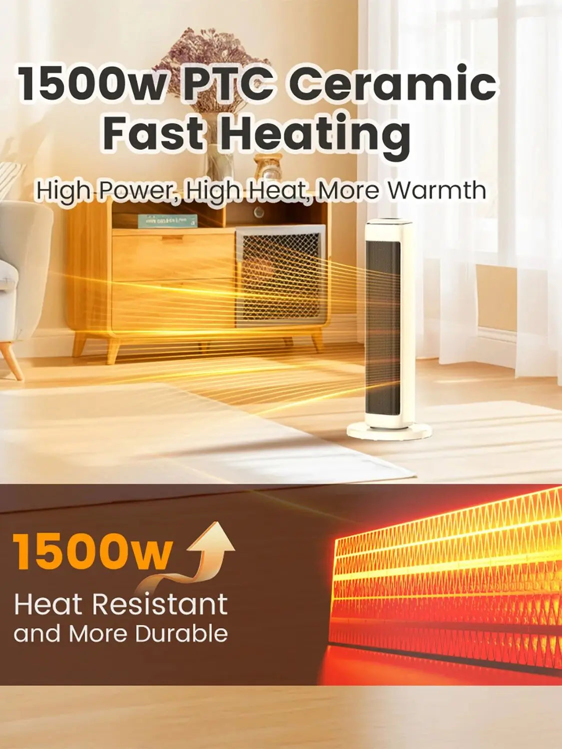 Airmate 25-inch ceramic tower space heater with thermostat for indoor use in a large room