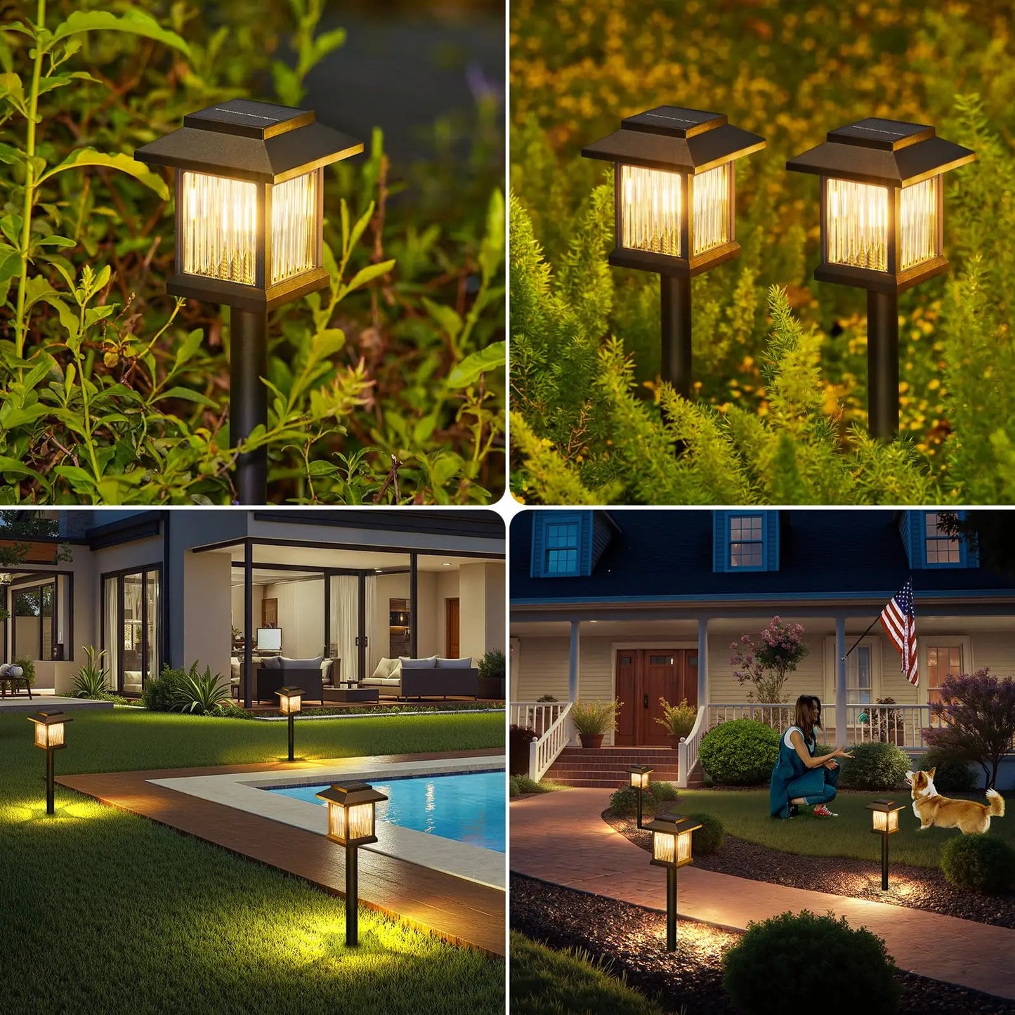 Solar pathway light by S And B Enterprise; black metal outdoor lamp with glass panels, warm glow, set of two