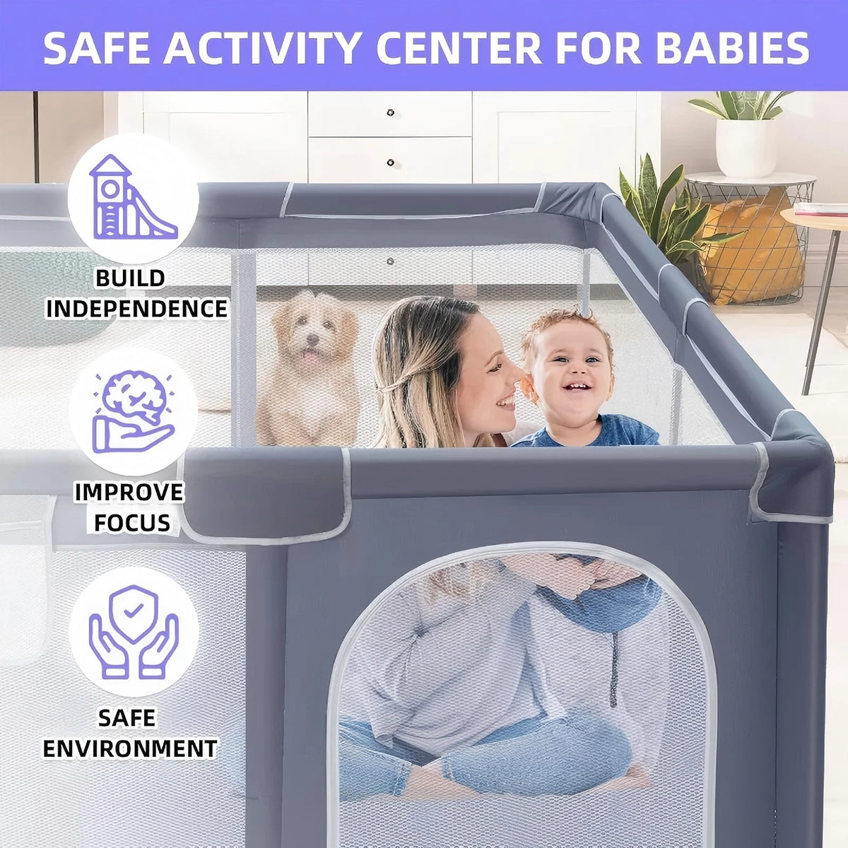 Baby playpen, extra-large blue-gray mesh play yard for indoor and outdoor use