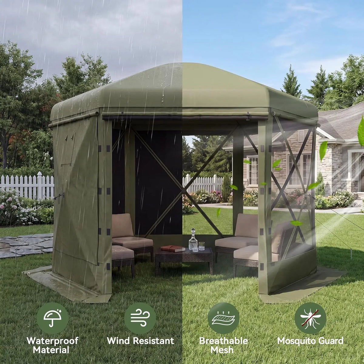 Olive-green 12x12ft pop-up pavilion with removable top and mesh screen walls