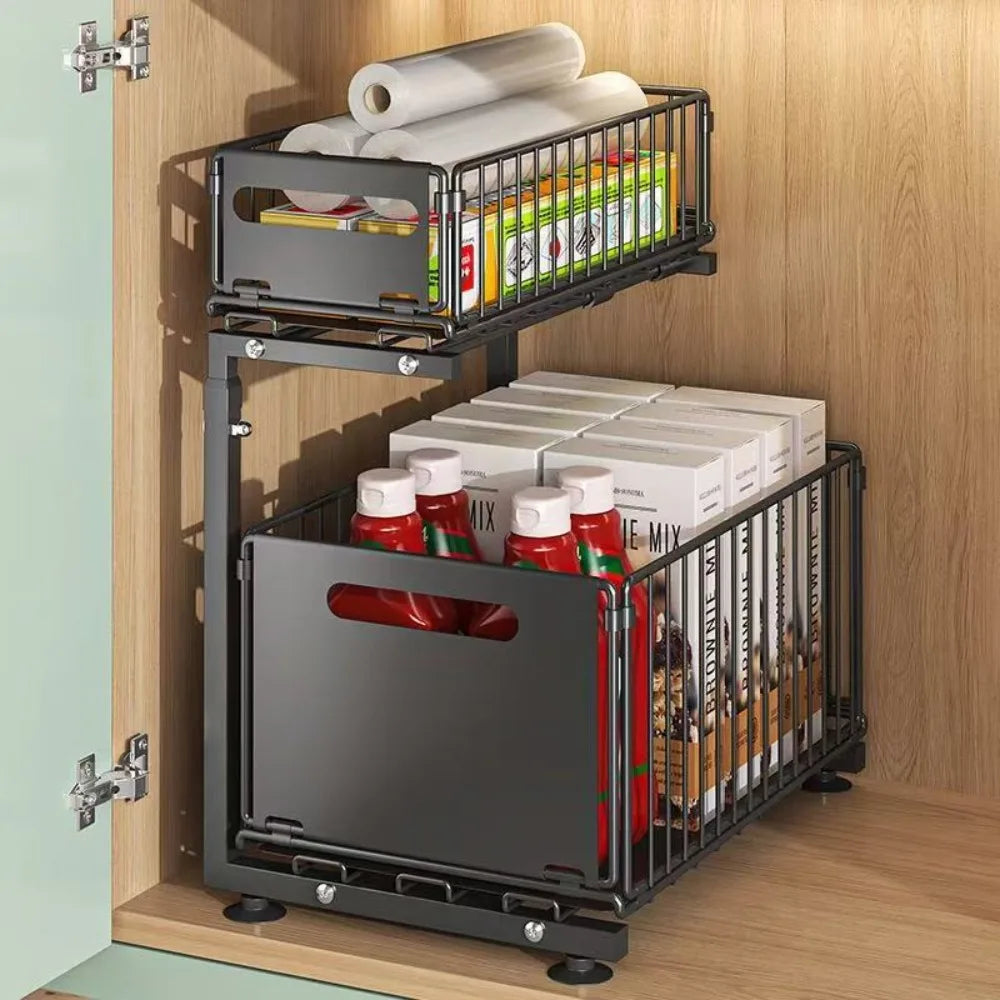 Under-sink 2-tier pull-out organizer in black carbon steel with foldable shelf