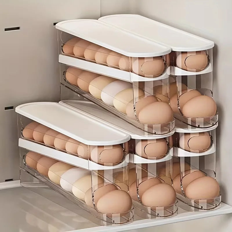 Egg storage organizer: clear bilayer plastic rack with white lids, ladder-style fridge egg dispenser.