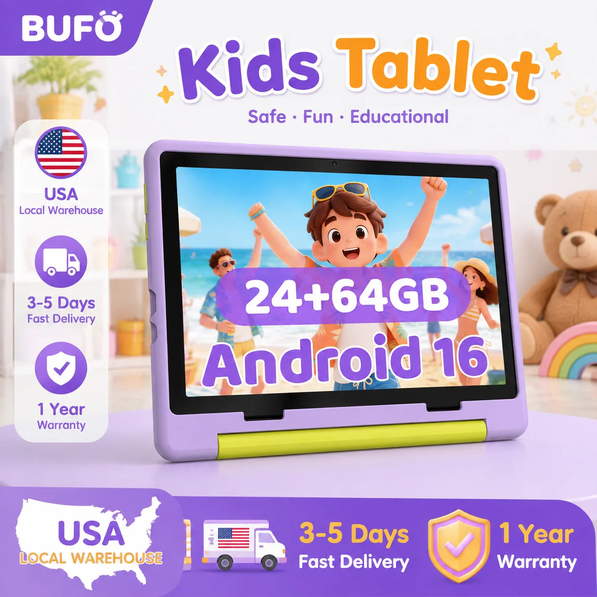 BUFO Kids Tablet 10.1in in purple protective case; 24+64GB Android 16 with parental controls.