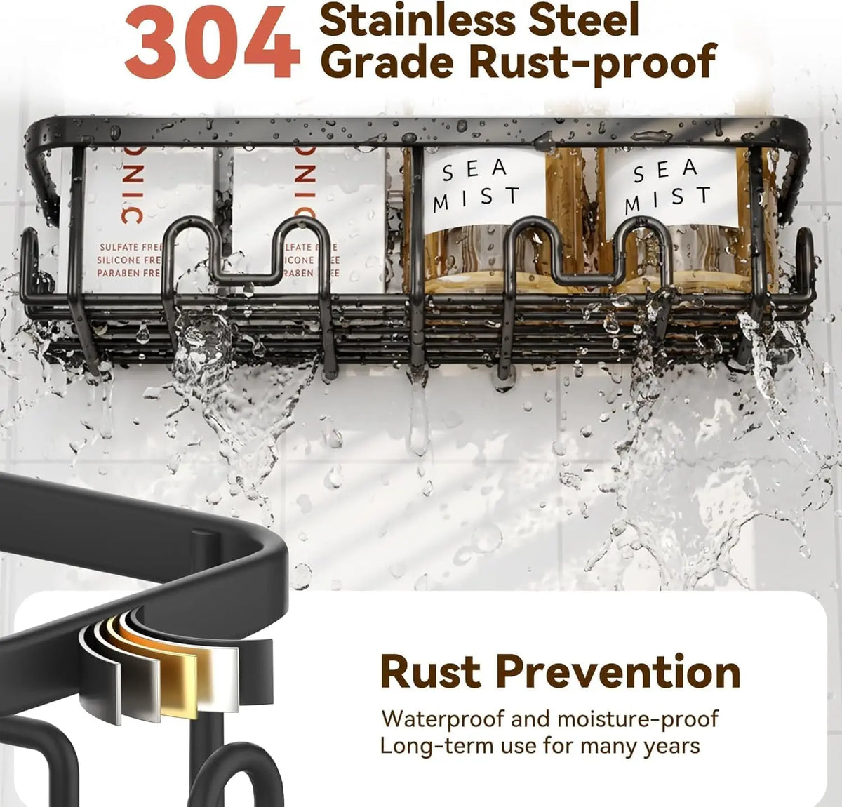 Shower caddy, 304 stainless steel, rustproof no-drill adhesive wall mount with hooks