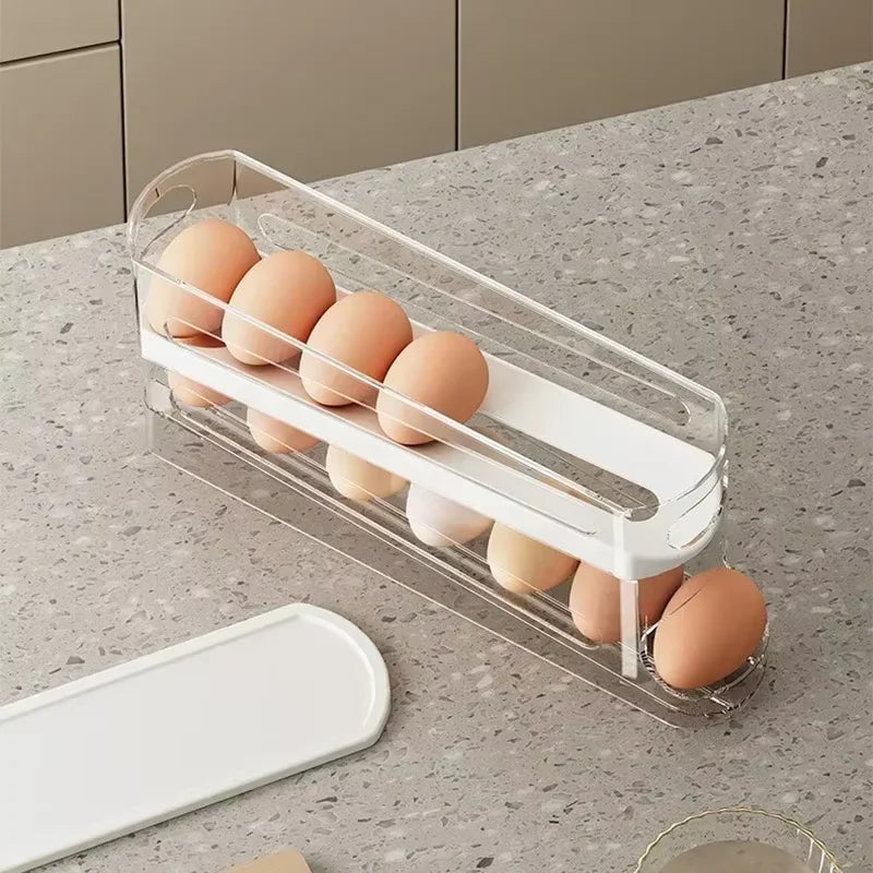 Bilayer Fridge Egg Storage Box Automatic Rolling Eggs Holder Rack Ladder Style Refrigerator Eggs Dispenser Egg Organizer Holder