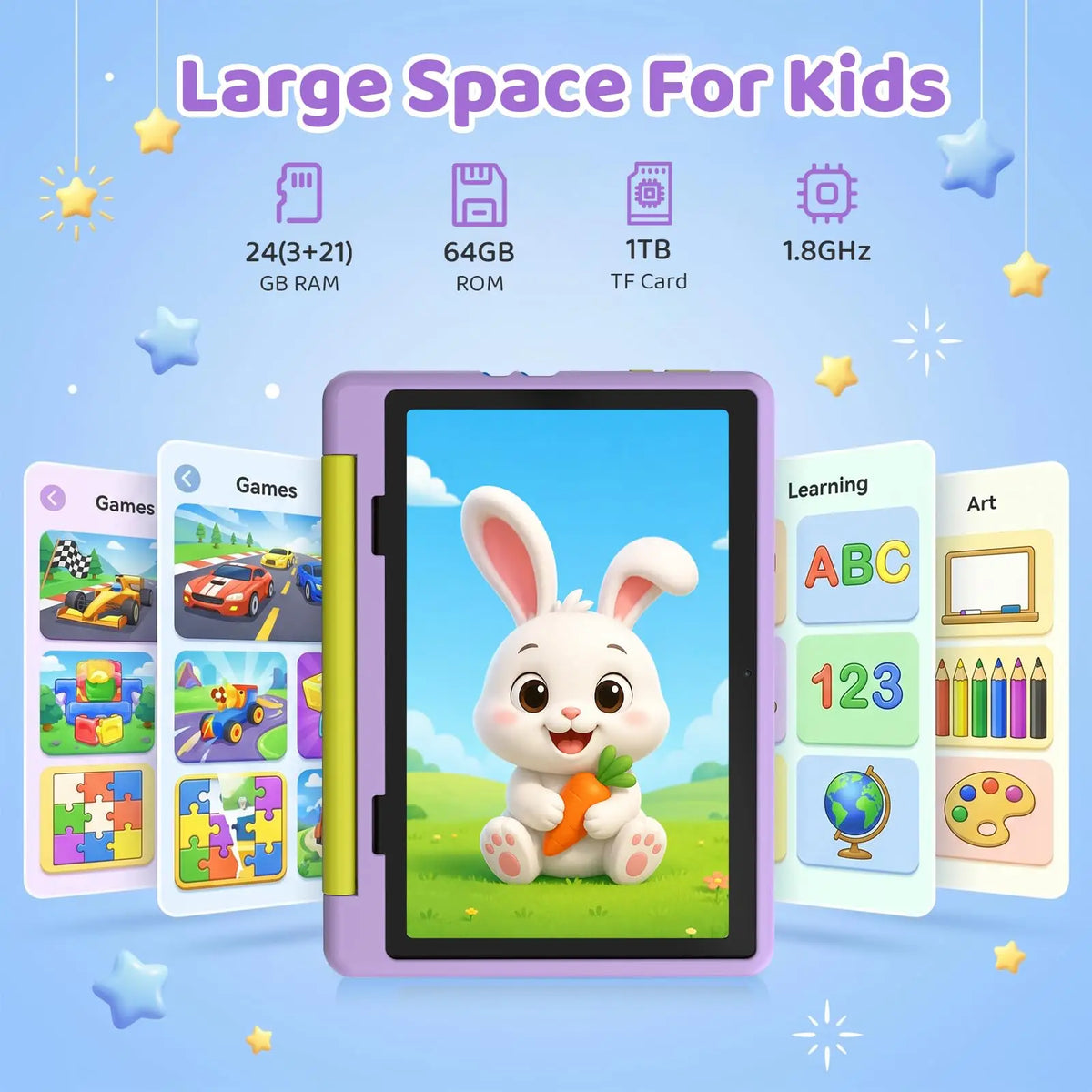 BUFO Kids Tablet 10.1 purple with bunny wallpaper and colorful learning apps