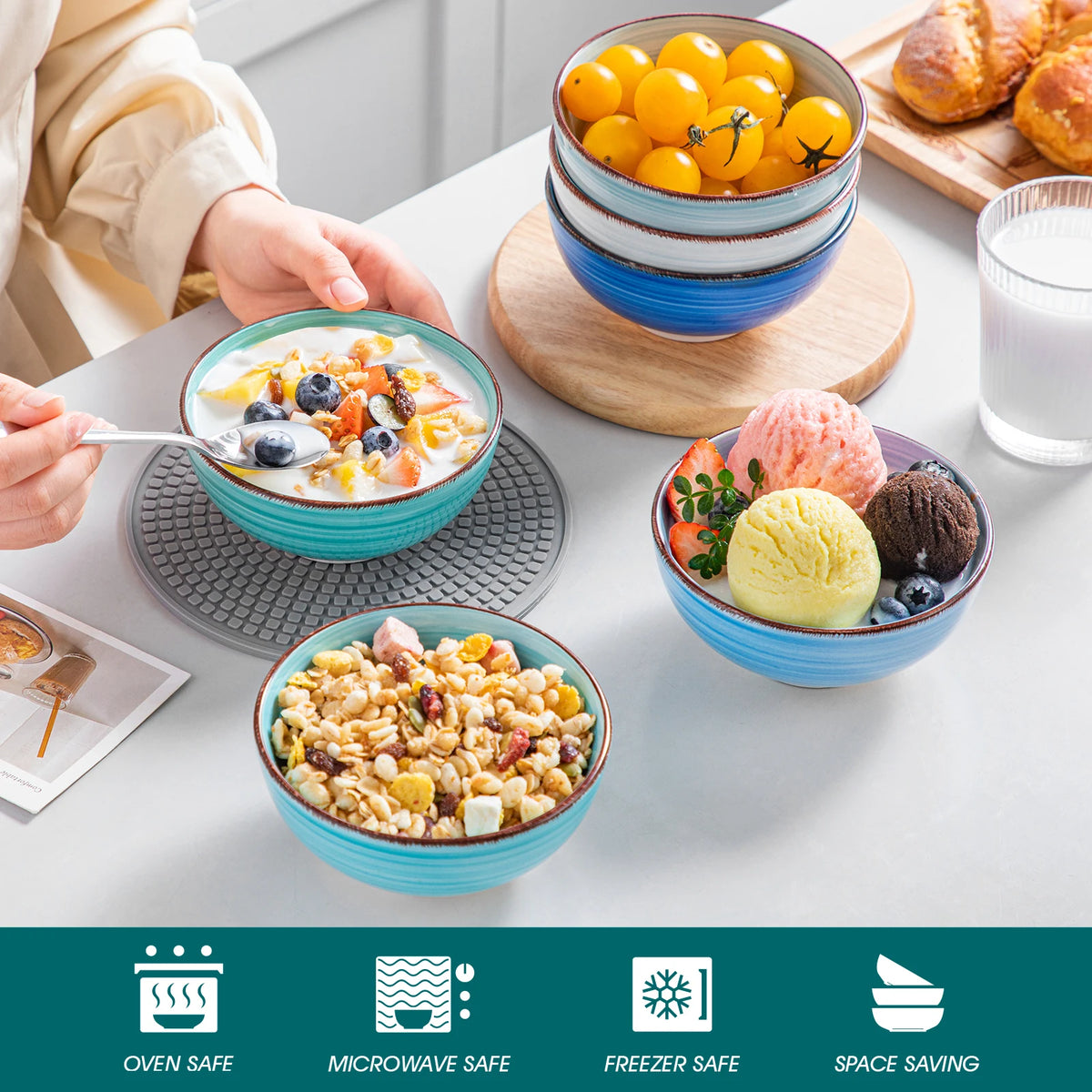 vancasso Bonita 6-piece turquoise porcelain bowls set with brown rims, 380ml–820ml capacity