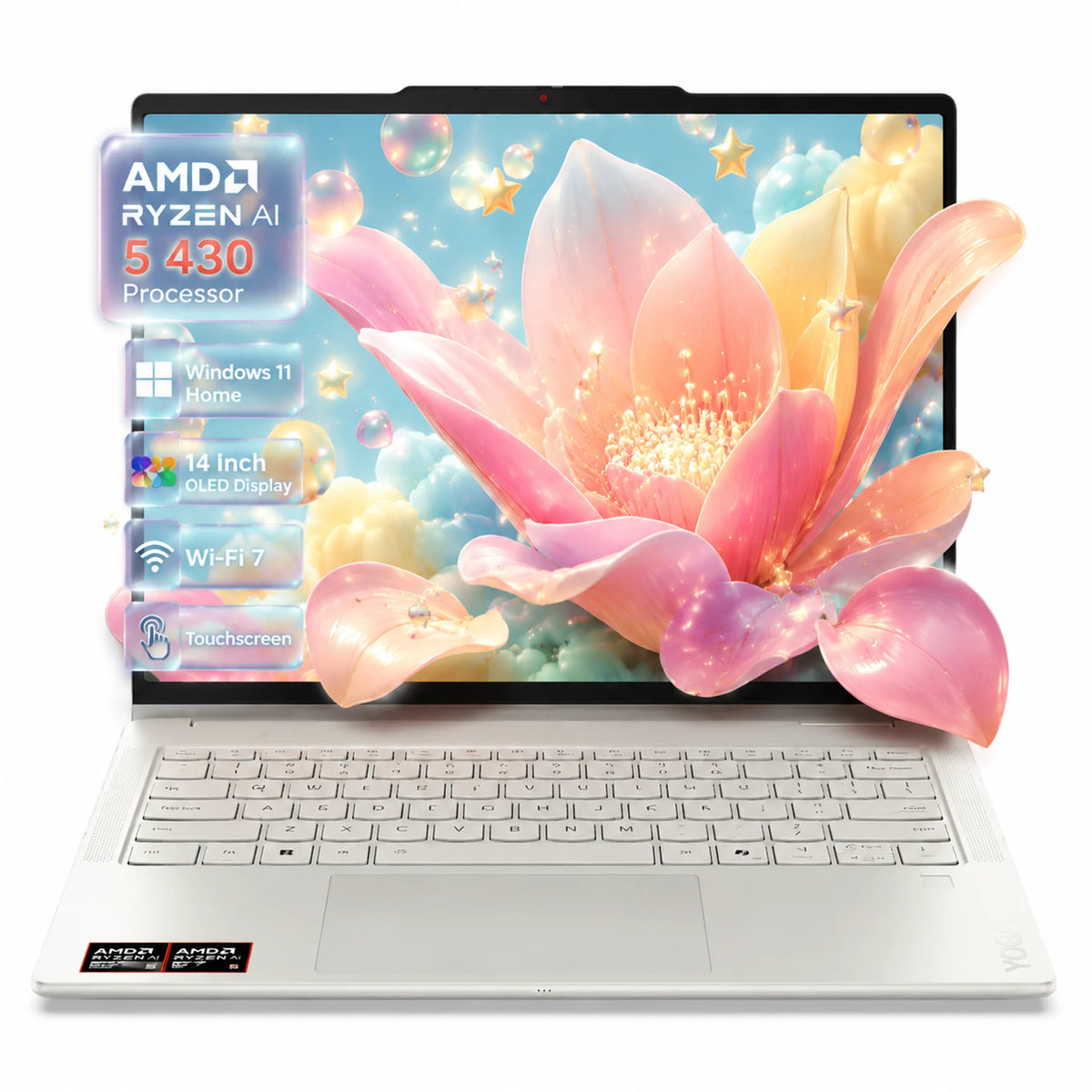 Lenovo Yoga 7a 2-in-1 laptop, 14-inch 2K OLED touchscreen, seashell color, Ryzen AI 5 430 Processor