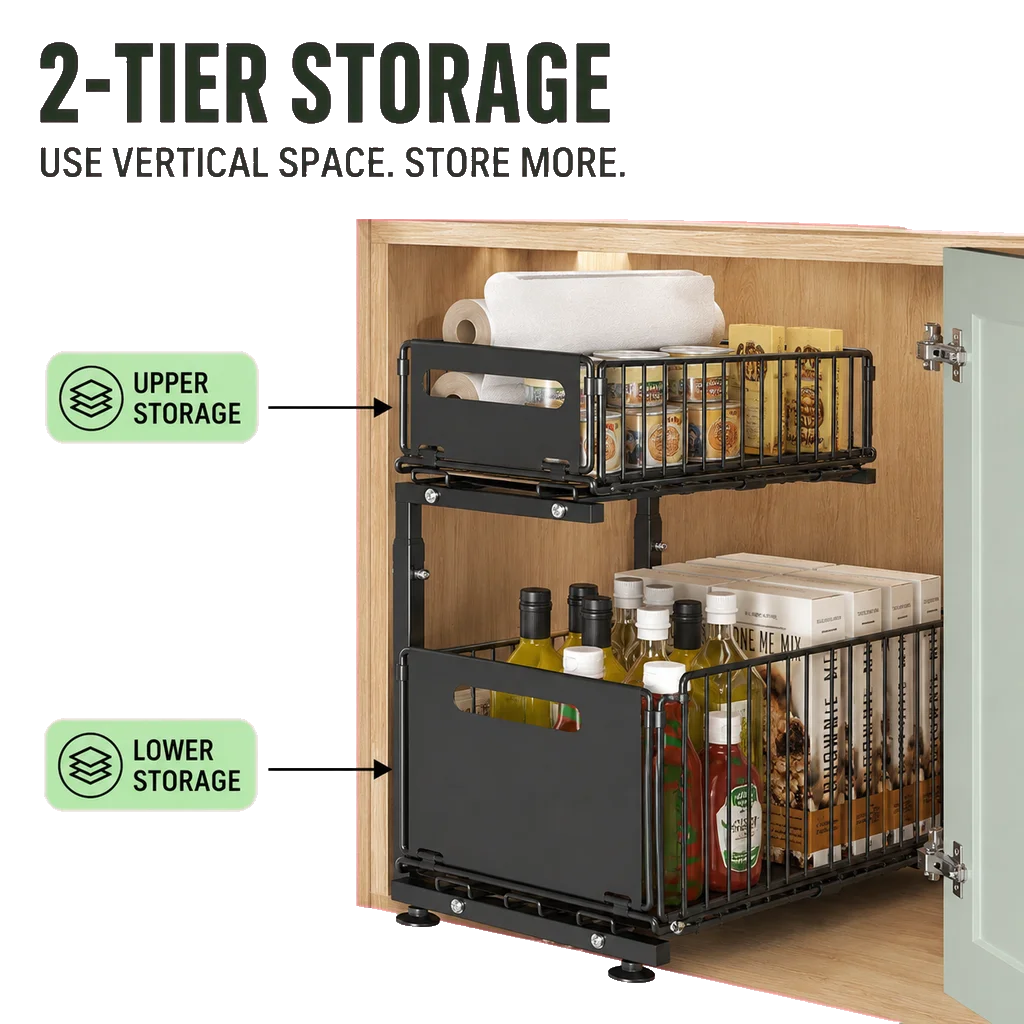 Under-sink organizer 2-tier pull-out cabinet rack in black carbon steel, by S And B Enterprise