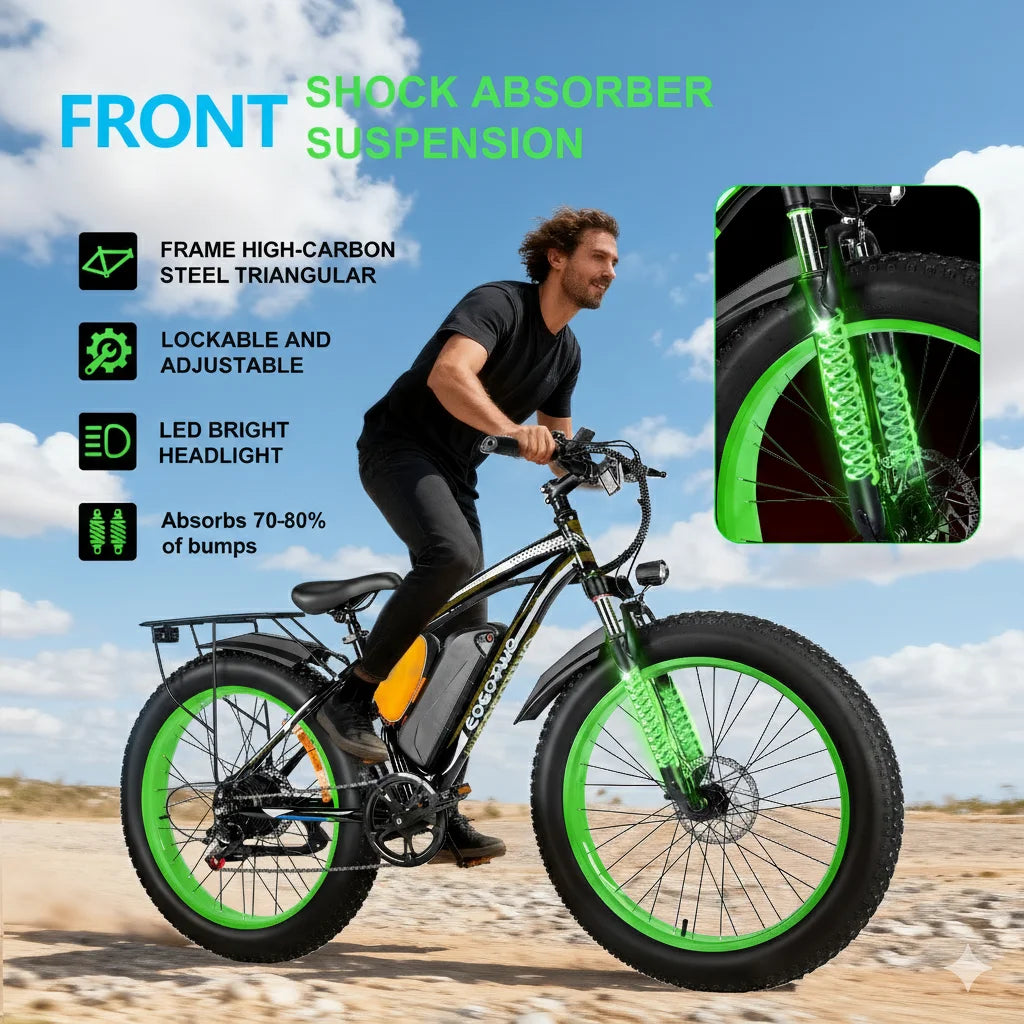 26-inch fat-tire electric bike for adults with bright green rims and front suspension on sandy terrain