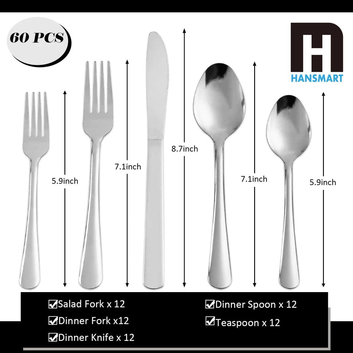 HANSMART 60Pcs Stainless Steel Flatware Set Dishwasher Safe by S And B Enterprise