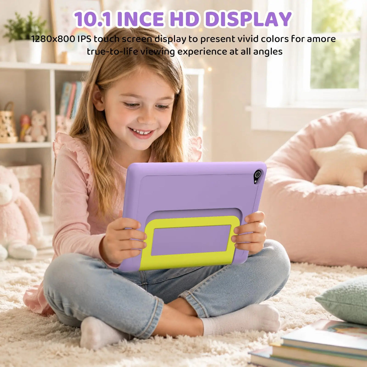 BUFO Kids Tablet 10.1 inch in purple protective case with yellow-green back panel