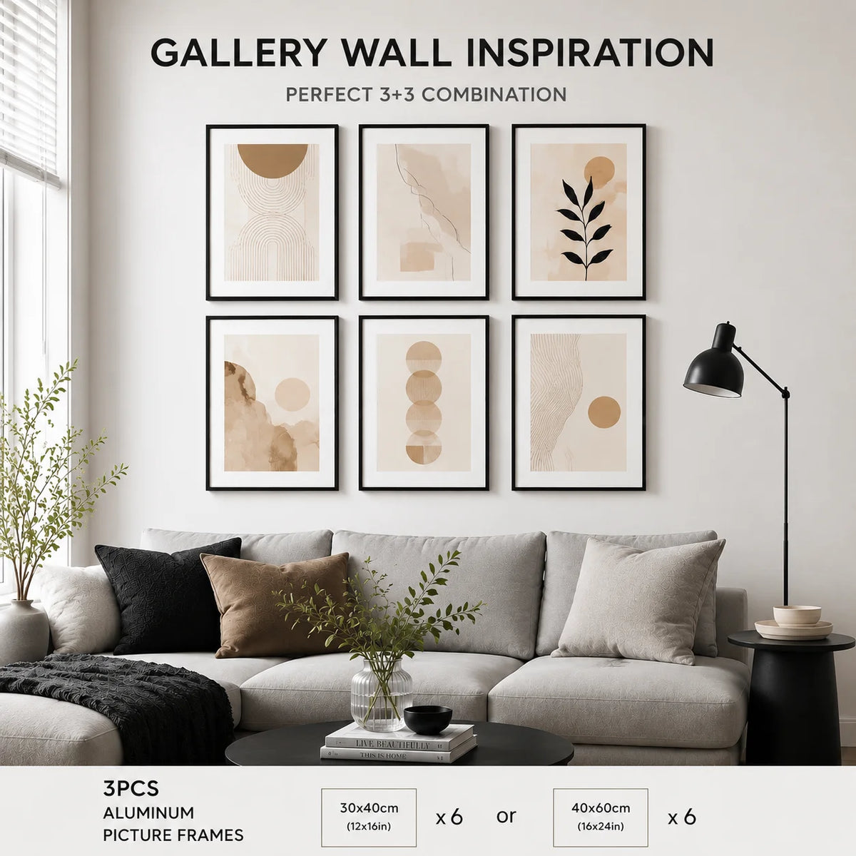 Six black aluminum picture frames with white mats, arranged in a 2x3 gallery wall for living room decor