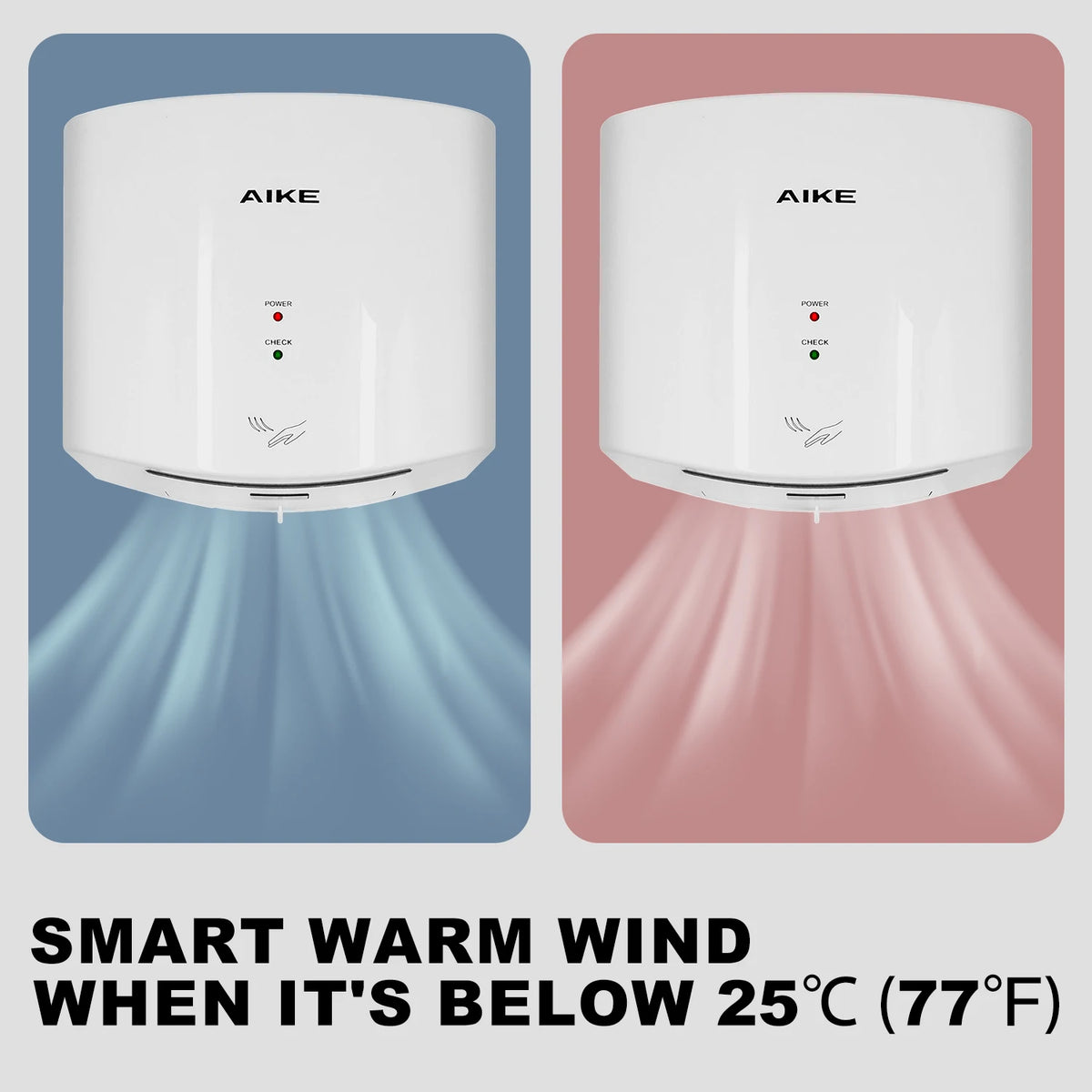 Two AIKE automatic sensor hand dryers (1400W) in white with power and check indicators.