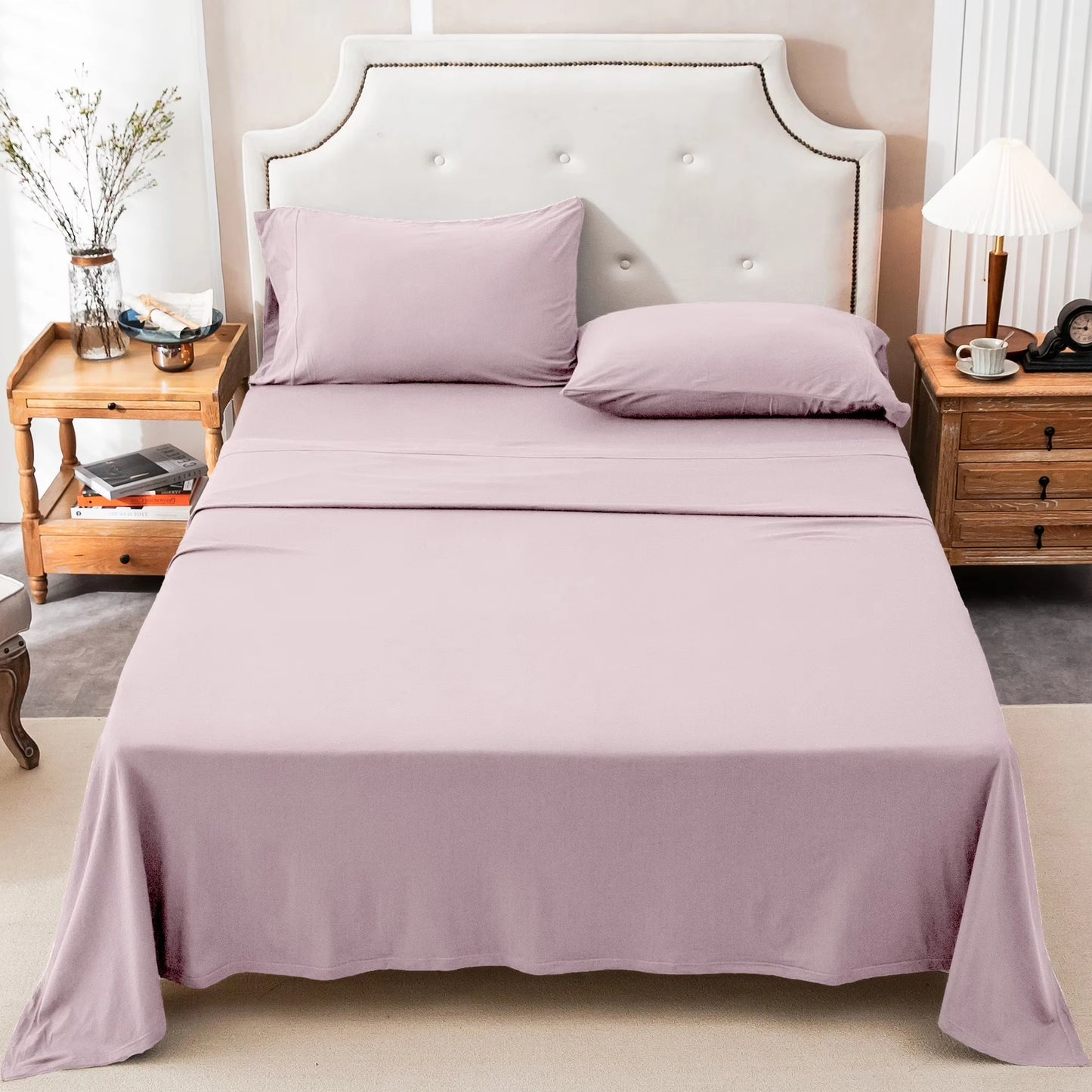 4-Piece 100% Cotton Jersey Knit Sheet Set – Ultra Soft & Breathable Bedding Set with Deep Pocket Fitted Sheet, Flat Sheet & 2 Pillowcases(Without Core) – Wrinkle Free, Machine Washable, Secure Fit & Cozy Comfort for A by S And B Enterprise