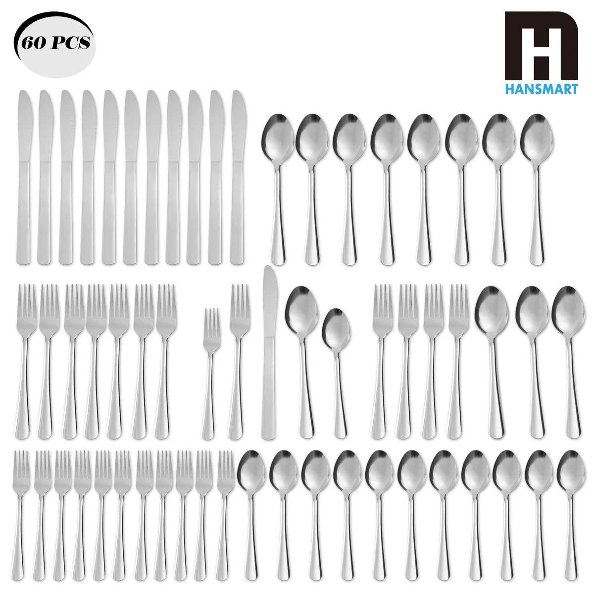 HANSMART 60Pcs Stainless Steel Flatware Set Dishwasher Safe by S And B Enterprise