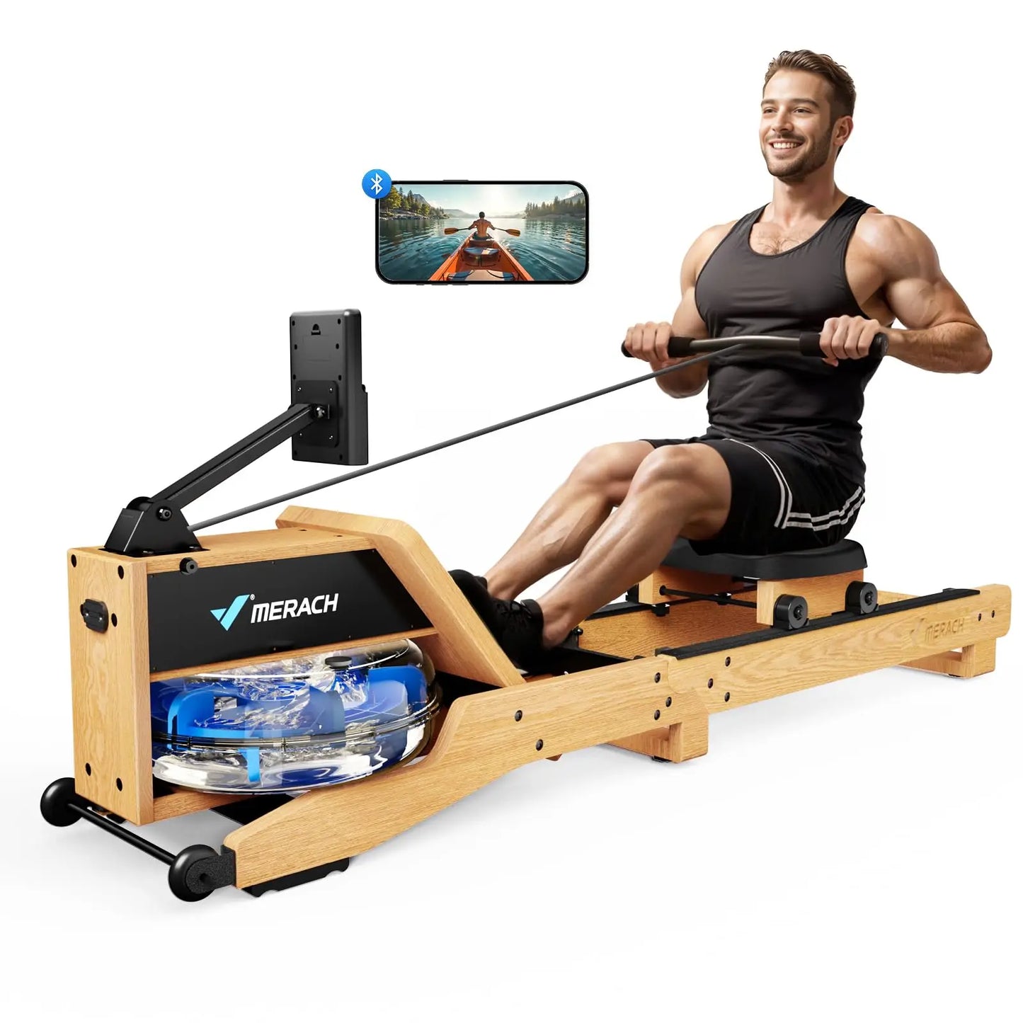 MERACH Water Rowing Machine Oak Wood Rower With App