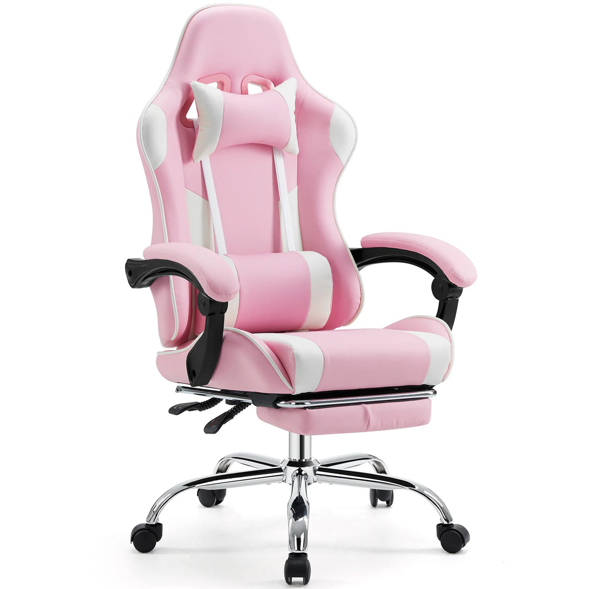 JHK ergonomic racing gaming chair in pink PU leather with white accents, headrest and lumbar support