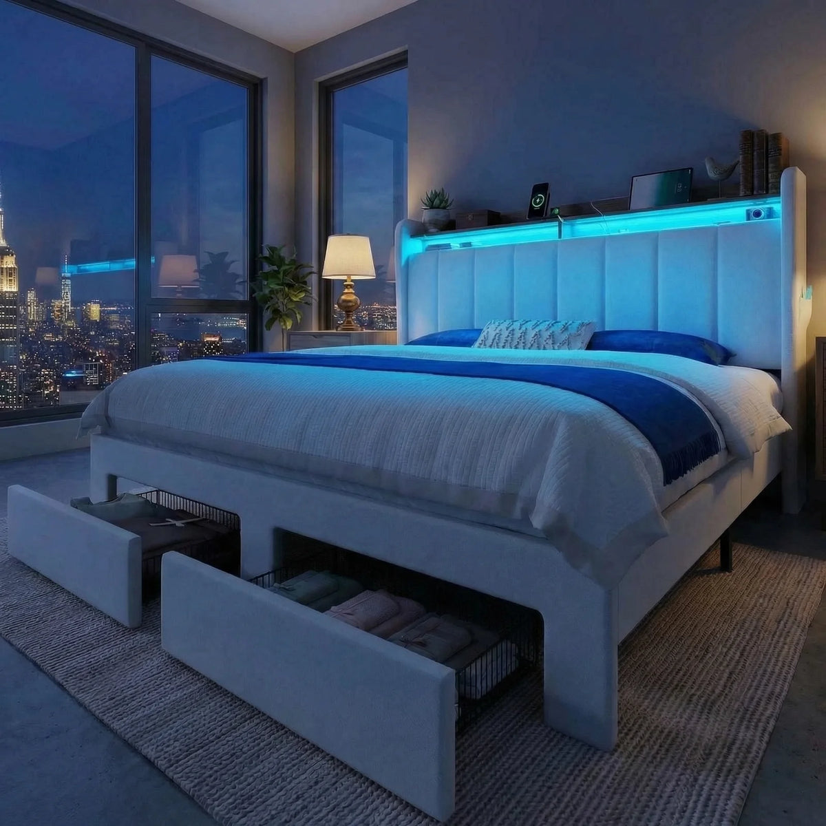 HOOMIC Bed Frame With Storage Drawers, Shelves, And LED Lighting by S And B Enterprise