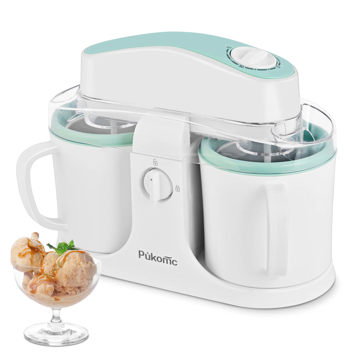 Sumetas ice cream and popsicle maker, dual-cup design, white with mint-teal accents, Pükomic