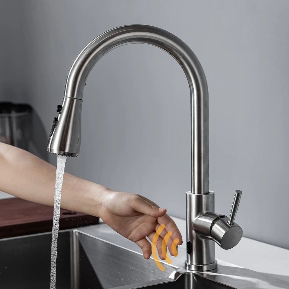 Smart touchless kitchen faucet by S And B Enterprise, brushed stainless steel with infrared sensor