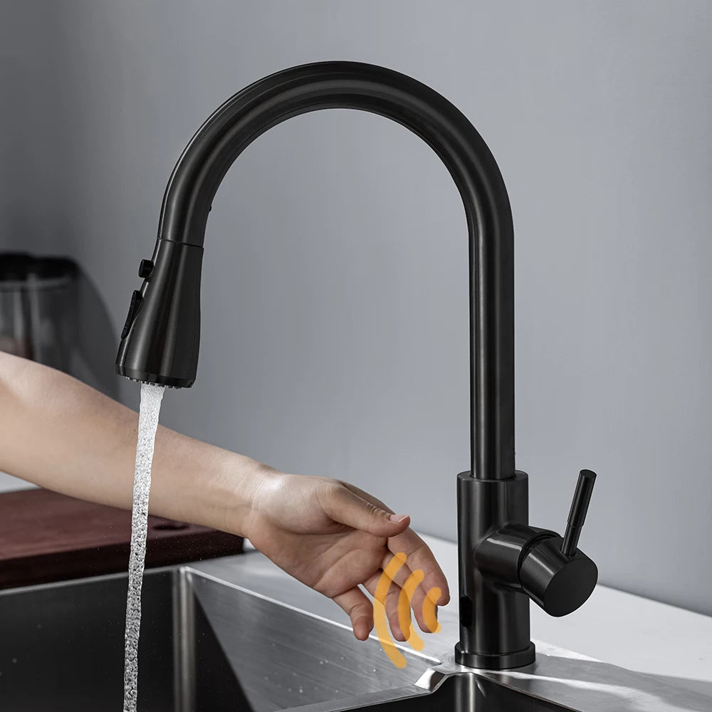 Smart touchless black kitchen faucet with infrared sensor and high-arc spout