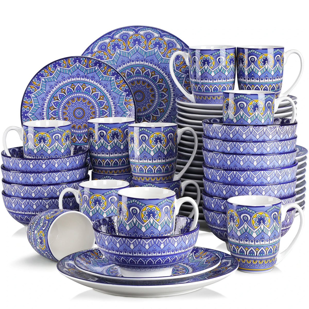 Vancasso ceramic dinnerware set, 16/32/48-pcs, blue and purple bohemian mandala pattern; includes plates, bowls, mugs.