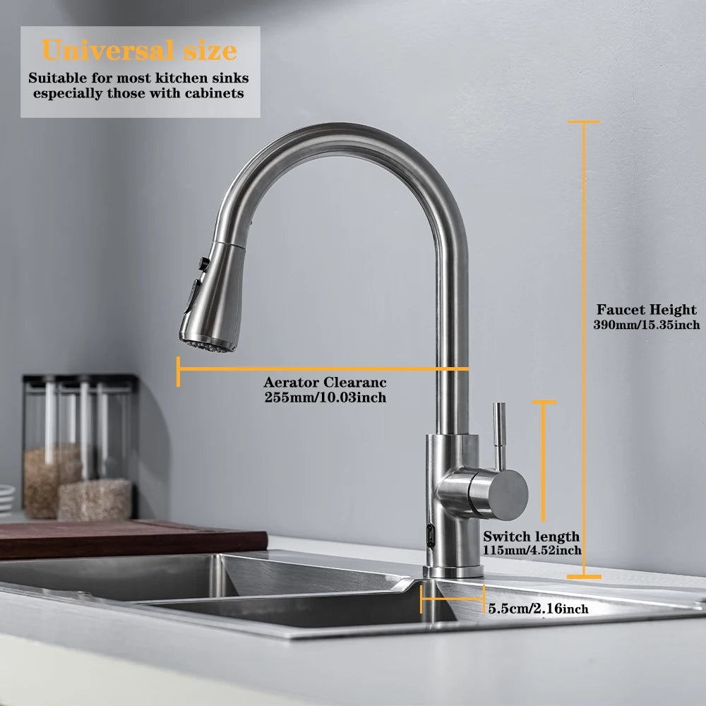 Smart touchless kitchen faucet by S And B Enterprise, brushed nickel with pull-out spray head and infrared sensor