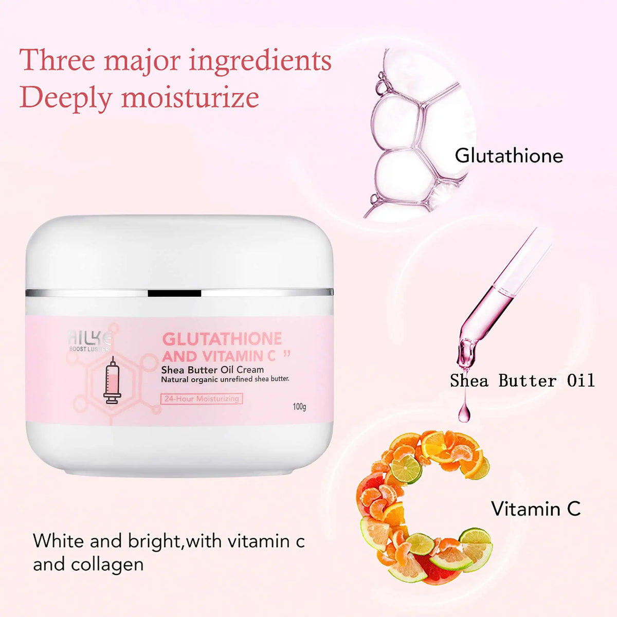AILKE Glutathione & Vitamin C Shea Butter Cream jar with pink label on pink background