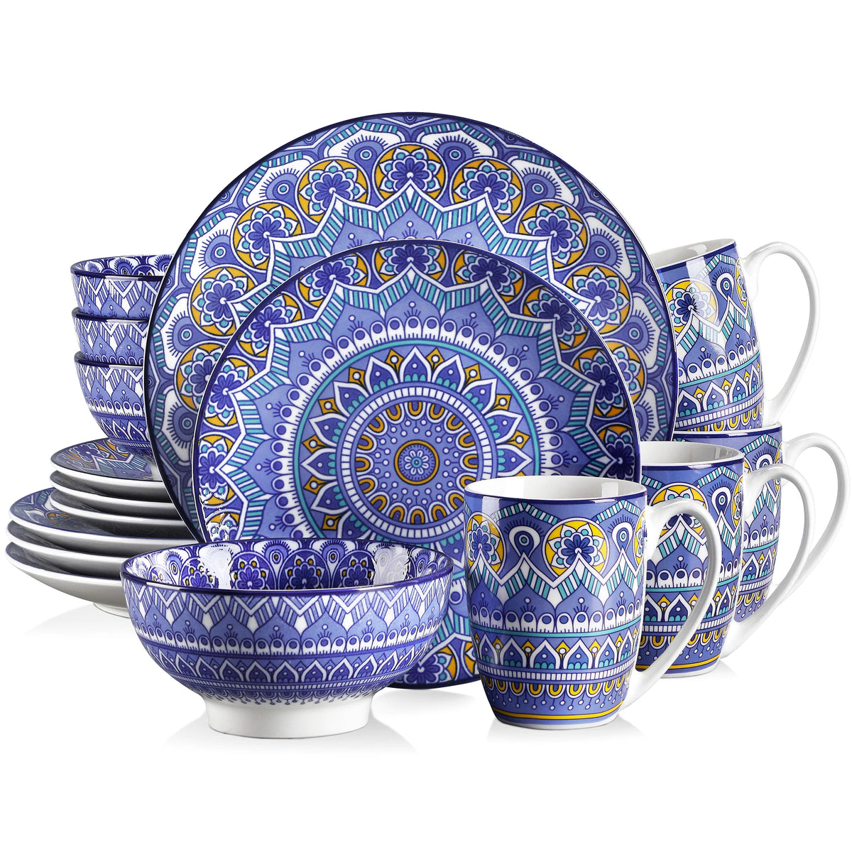 Vancasso porcelain dinnerware set in blue Bohemian mandala pattern; plates, bowls, and mugs.