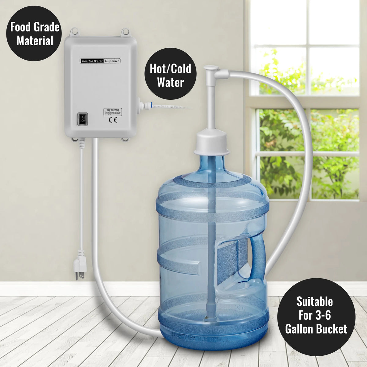 Bottled water dispensing pump kit, wall-mounted; white unit with PE tubing connected to a blue 5-gallon bottle