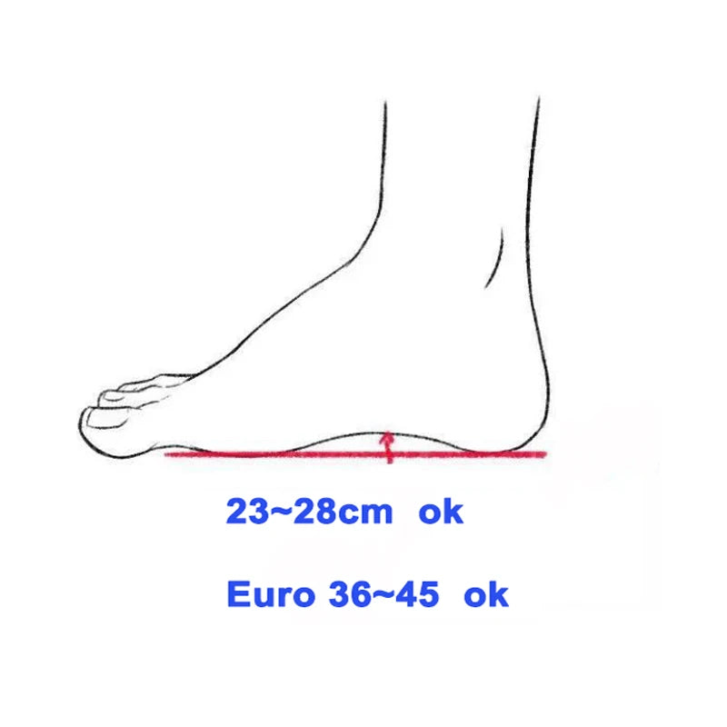 Camping down booties size guide: line drawing of a foot with a red measuring line, showing 23-28 cm and Euro 36-45
