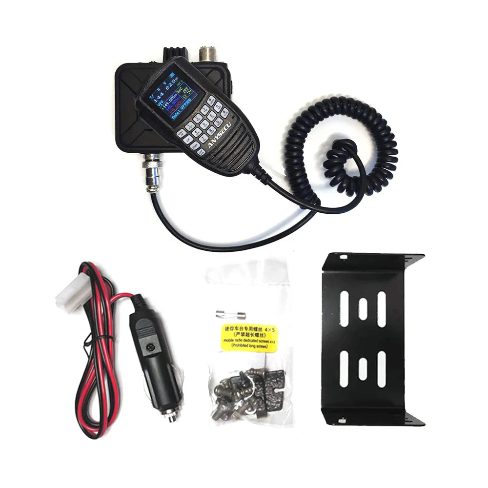 ANYSECU WP-9900 25W dual-band walkie talkie with UV tri-display; includes car charger, mounting bracket, and cables.