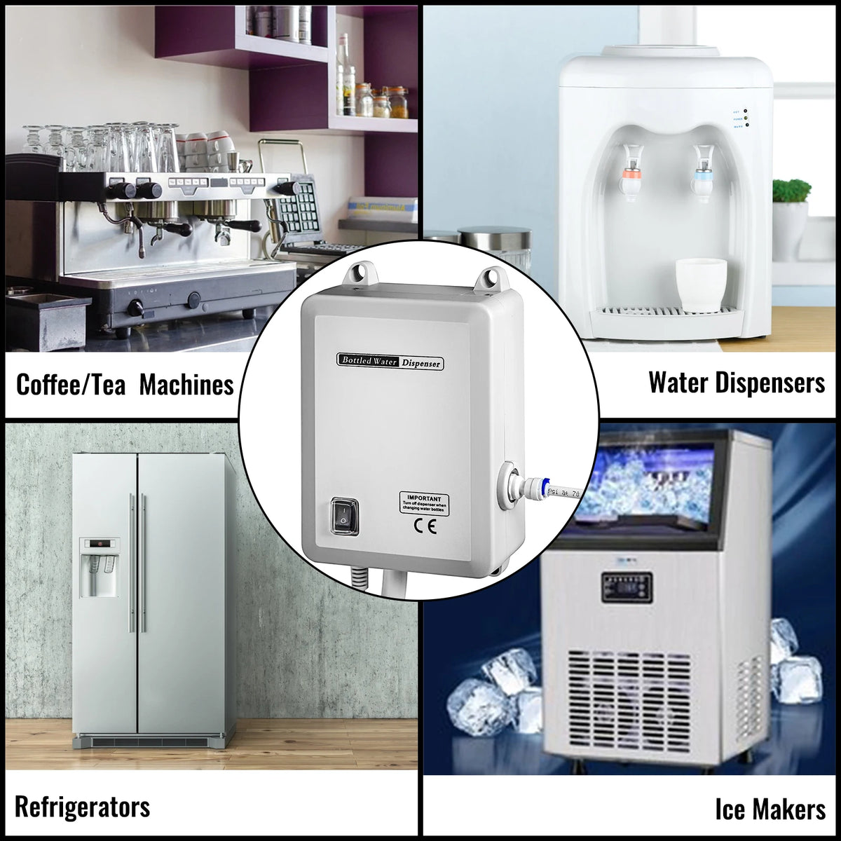 Bottled Water Dispensing Pump with PE pipe, white unit shown among coffee machines and water dispensers