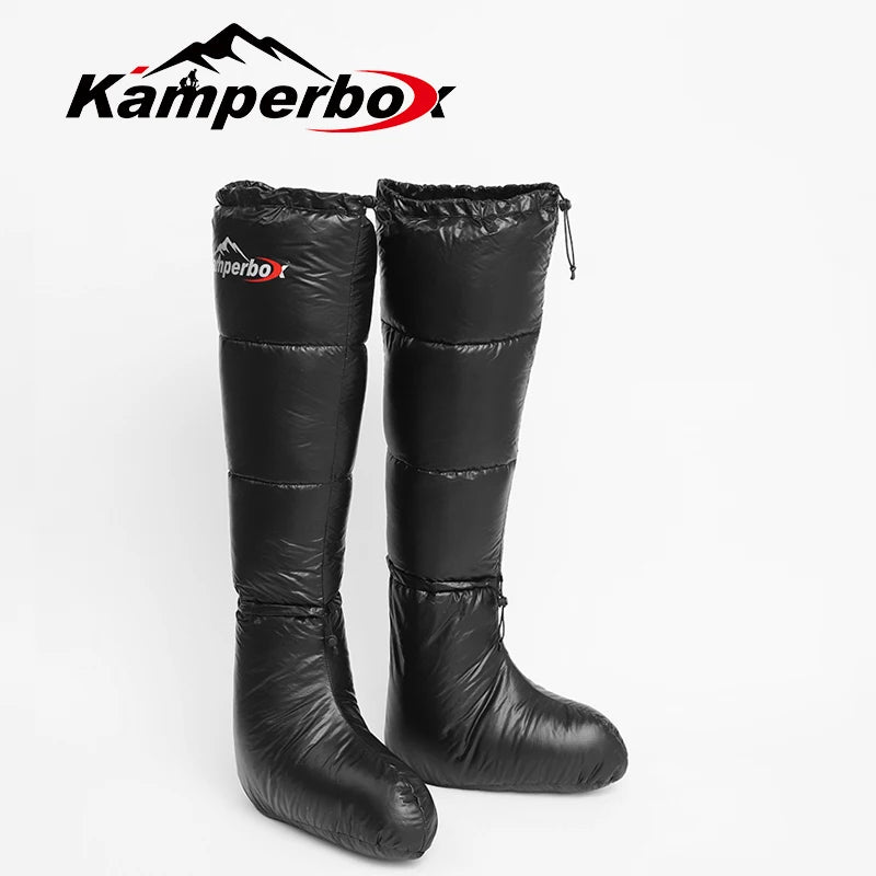 Kamperbox black down booties, pair knee-high sleeping bag boots for camping