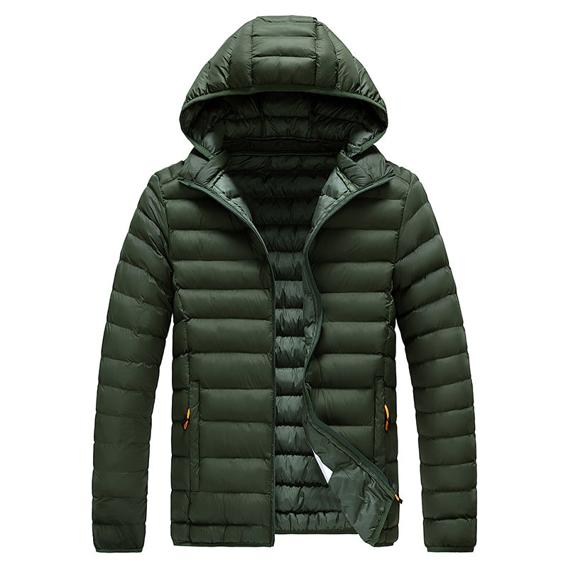 Men's green quilted puffer jacket with hood, lightweight.