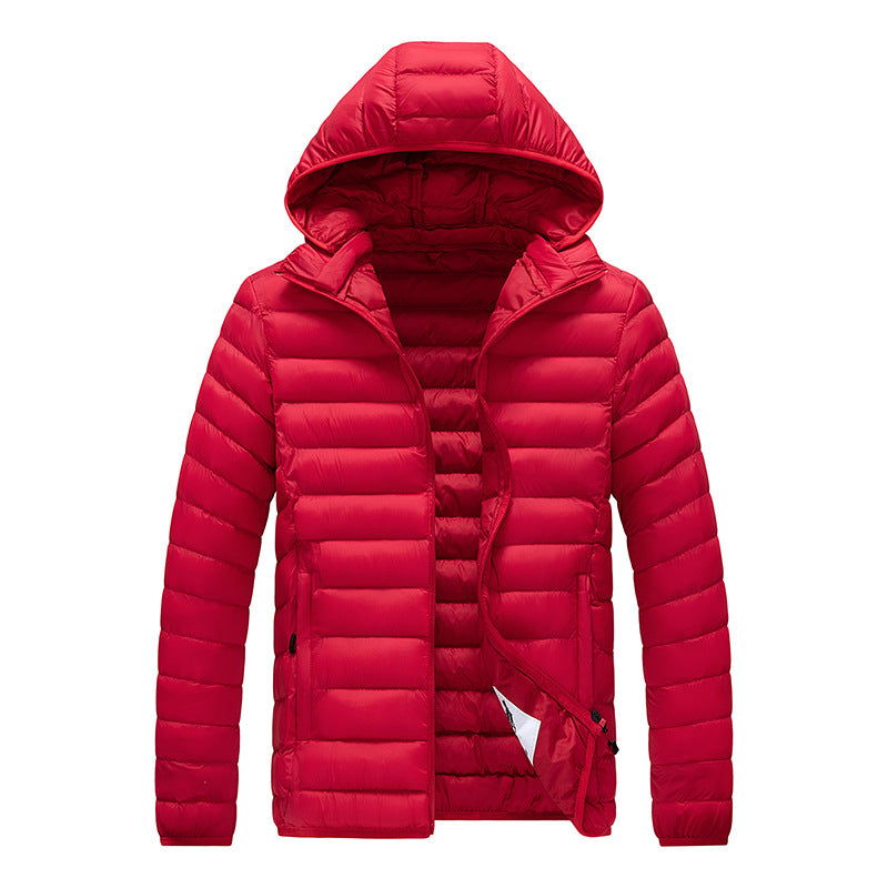 Men's red quilted puffer jacket with hood, zip closure, slim fit.