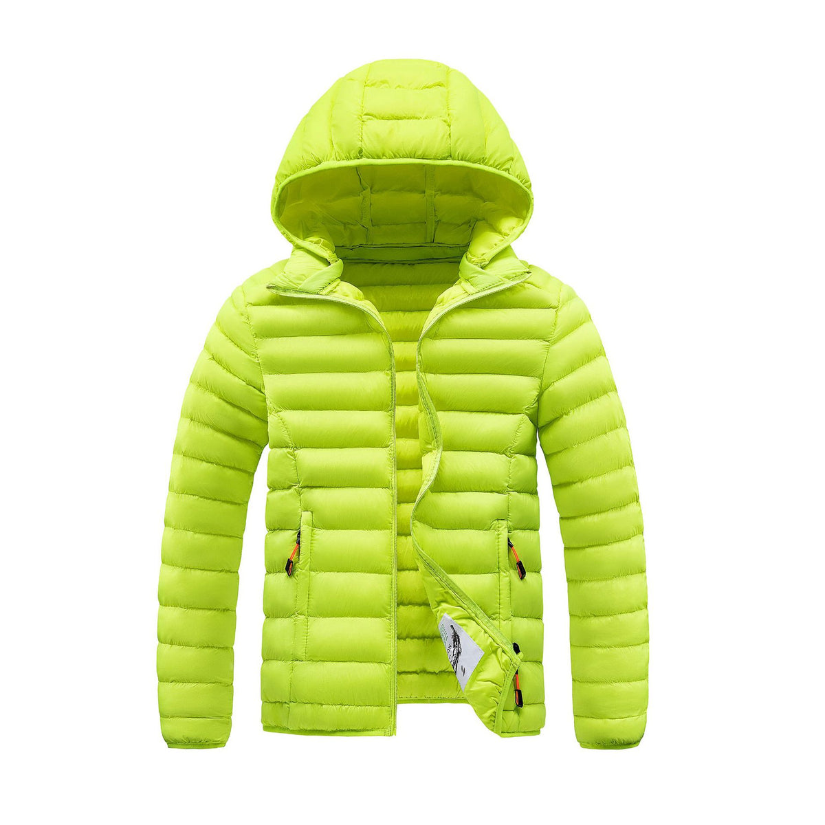 Men's neon lime hooded quilted puffer jacket, lightweight with horizontal stitching.
