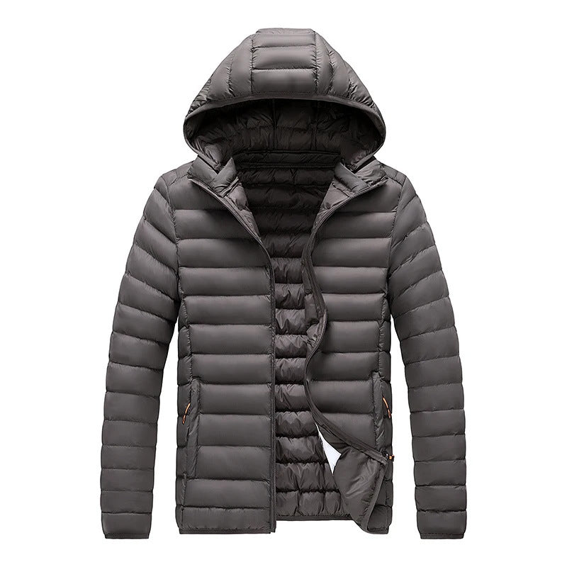 Men's slim-fit quilted puffer jacket with hood, charcoal gray lightweight coat.