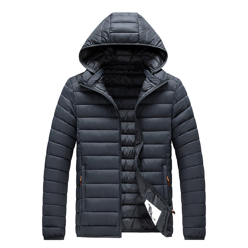 Men's hooded puffer jacket, slim fit, dark navy quilted