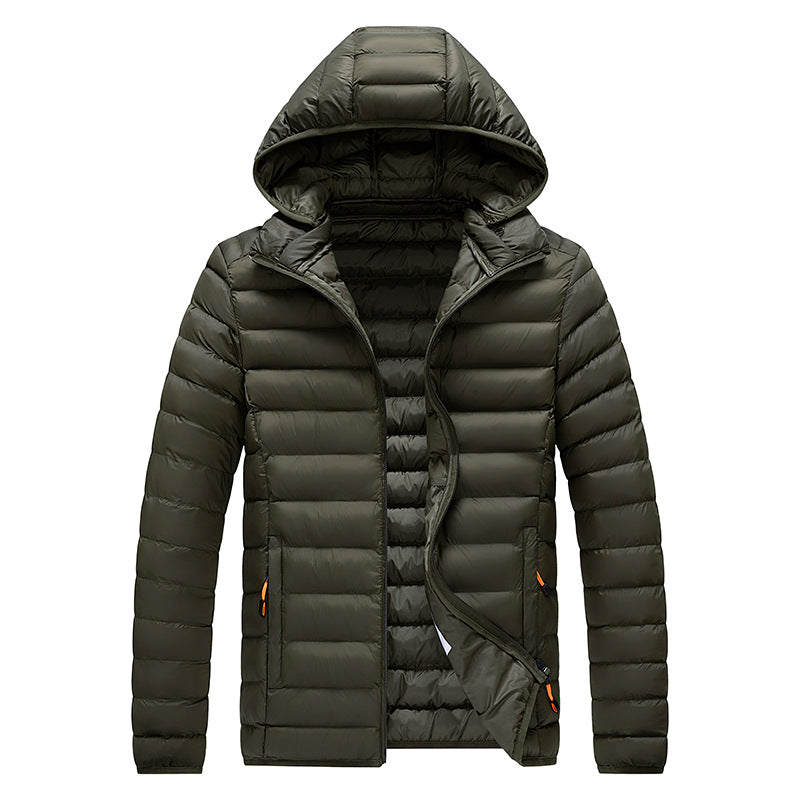 Men's dark olive quilted puffer jacket with hood, lightweight.